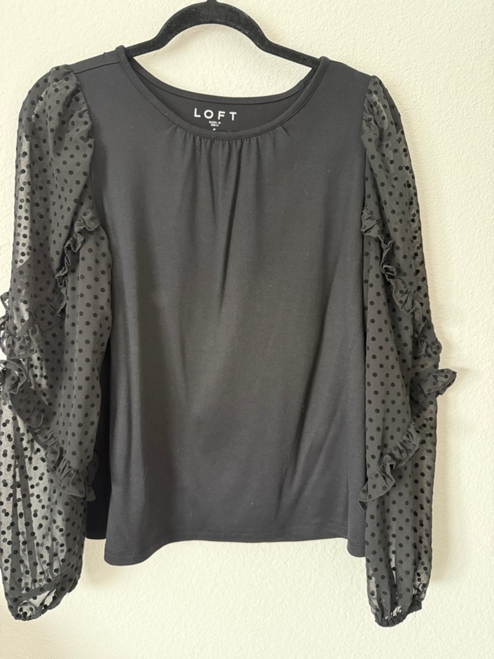 LOFT Black Ruffle Polka-Dot Sheer Sleeve Long Sleeve Top